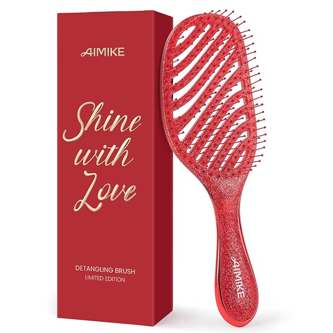 AIMIKE Detangling Brush, Wet Dry Vented Detangler Brush w/Soft Bristles, Pain-Free Detangle Hairbrush Loosens Stubborn Tangles, Extra Gentle on Sensitive and Fine Hair, for Women & Kids- Shiny Rose