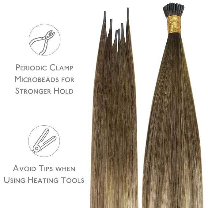 WENNALIFE I Tip Hair Extensions Human Hair, 50g 100s 14 Inch Ombre Walnut Brown to Ash Brown and Bleach Blonde Remy Itip Human Hair Extensions Invisible Itips Straight I Tips Fusion Extensions Real