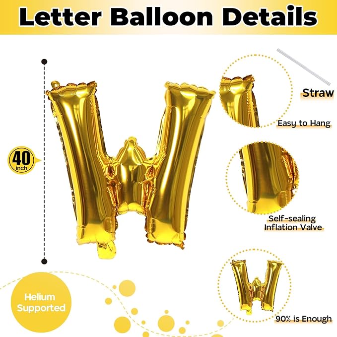 40 Inch Giant Alphabet W Customize Balloons, Large Self Inflating Gold Letter for Name Decor, Helium Custom Foil for Women Birthday Party Decoration Supplies
