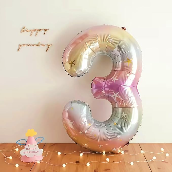3rd Birthday Balloons for Girls, 40‘’ Foil Self Inflating Rainbow Stars Number 3 Balloon, Large Colorful Multicolor 3 Balloon Number for Kids 3 Yeal Old Birthday Party Decor Anniversary Decorations