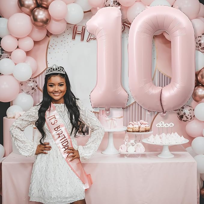 40'' 10 Balloon Number, Large Dusty Baby Pastel Pink Foil Number 10 Balloons Birthday Party Decor, Blush Light Matte Pink Helium Self Inflating Balloon for Girls 10th Birthday Anniversary Decorations