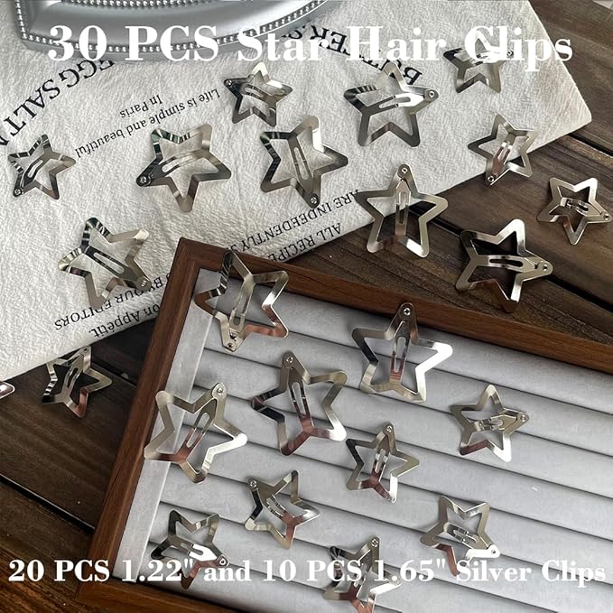 30 PCS Star Hair Clips,20PCS 1.22"Clip and 10 PCS 1.65"Clips Snap Star Hair Accessories Non Slip Clips for Girls Women Y2K Accessories