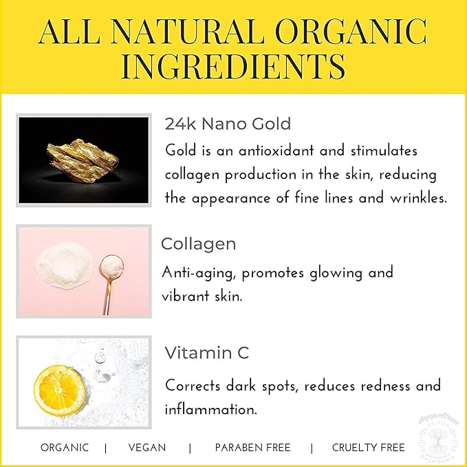 Doppeltree Gold Facial Mask - Premium Hydrogel Sheet Face Masks for Skin Care & Beauty, Hydrating & Anti Aging - Facemask with Collagen, Hyaluronic Acid & 24k Nano Gold