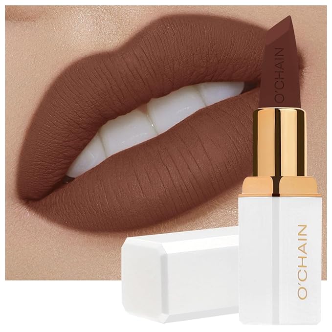 O'CHAIN Dark Brown Matte Lipstick, Long Lasting Full Coverage Non-Transfer Lipstick for Women Infused with Jojoba Oil and Vitamin E, Cruelty-Free & Vegan (05 CHIC) 0.12 Oz