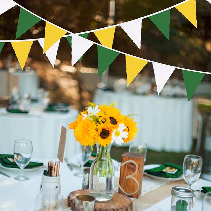 32Ft Yellow Green White Pennant Banner Fabric Triangle Flag Bunting Garland for Spring Summer Party Decorations Birthday Wedding Engagement Baby Shower Tea Party Outdoor Garden Hanging Decorations