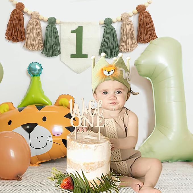 Wild One 1st Highchair Banner Wood Bead Tassel Garland Lion Crown Hat Wooden Cake Topper Birthday Party Decorations