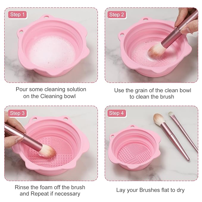 Makeup Brush Cleaner, Etercycle Foldable Silicone Brush Cleaner Bowl Srubber, Portable Washing Tools for Makeup Brush,Powder Puff,Sponge (Light Pink)