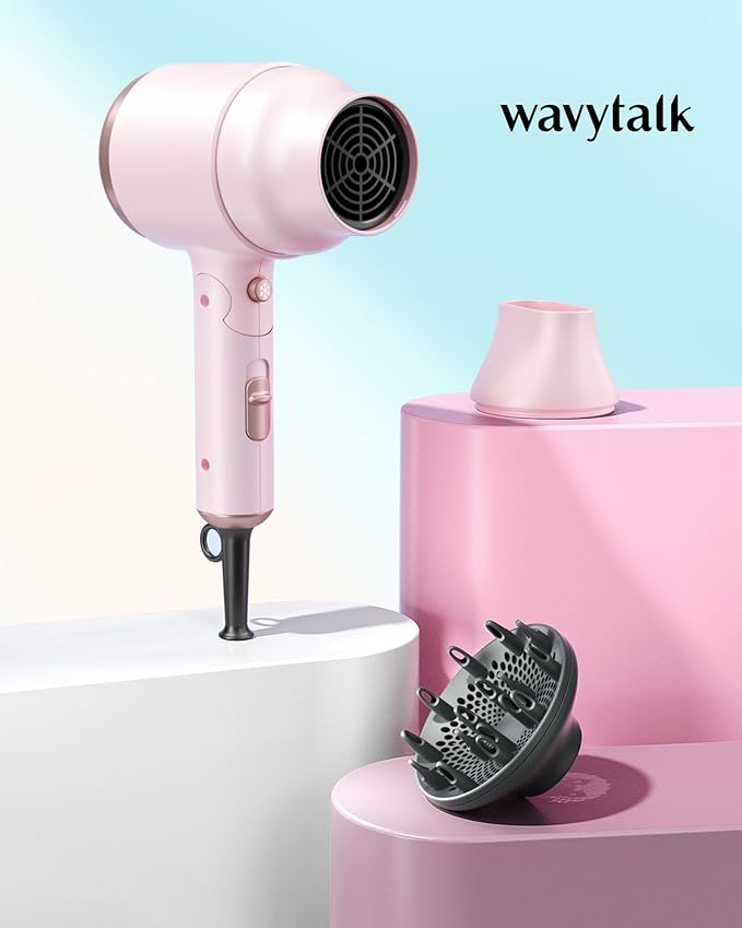 Wavytalk Blow Dryer with Diffuser, Mini Hair Dryer with Folding Handle, 1600W Quiet Lightweight Hairdryer with Diffuser Compact Design, Pinky White