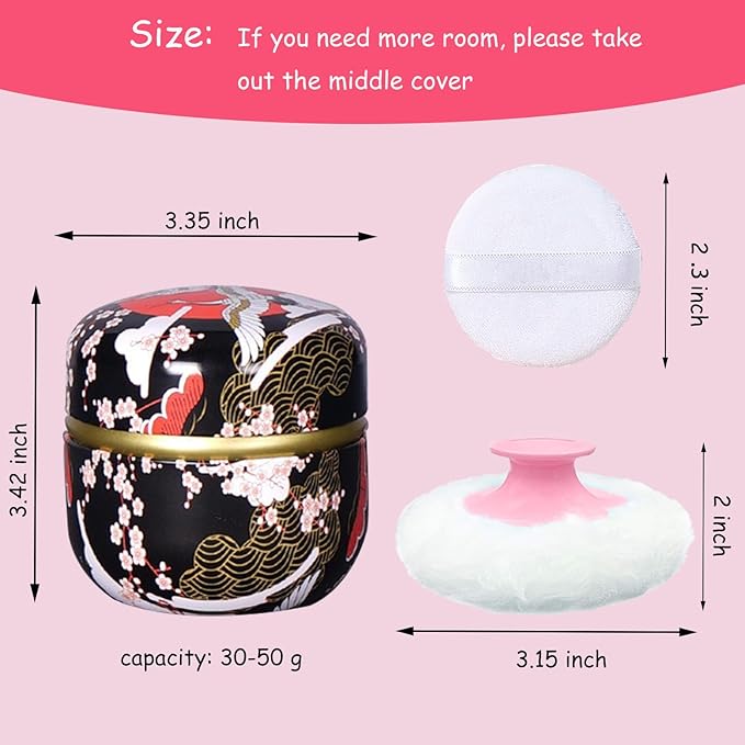 Body Powder Puff and Container for Dusting Powder, Women Powder Puff and Powder Case for Bath and Travel (Crane Black)