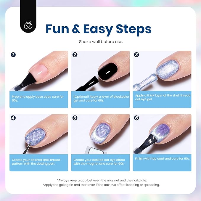 Beetles Pearl Gel Nail Polish, 6 Colors Shimmer Cat Eye Holographic Glitter Nail Polish Set with Magnet Rainbow Mermaid Swirl Shell Thread Purple Pink Blue Green Velvet Gel Manicure Gifts for Women