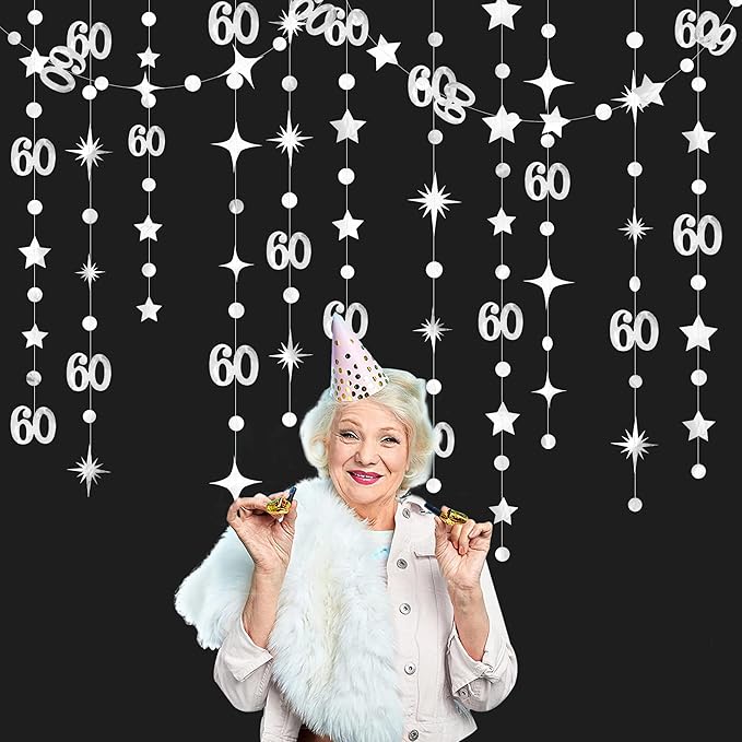 Silver 60th Birthday Decorations Number 60 Circle Dot Star Garland Hanging Streamer Bunting Banner Backdrop for Mens Cheers to 60 Years Old Happy 60th Birthday 60th Anniversary Sixty Party Supplies