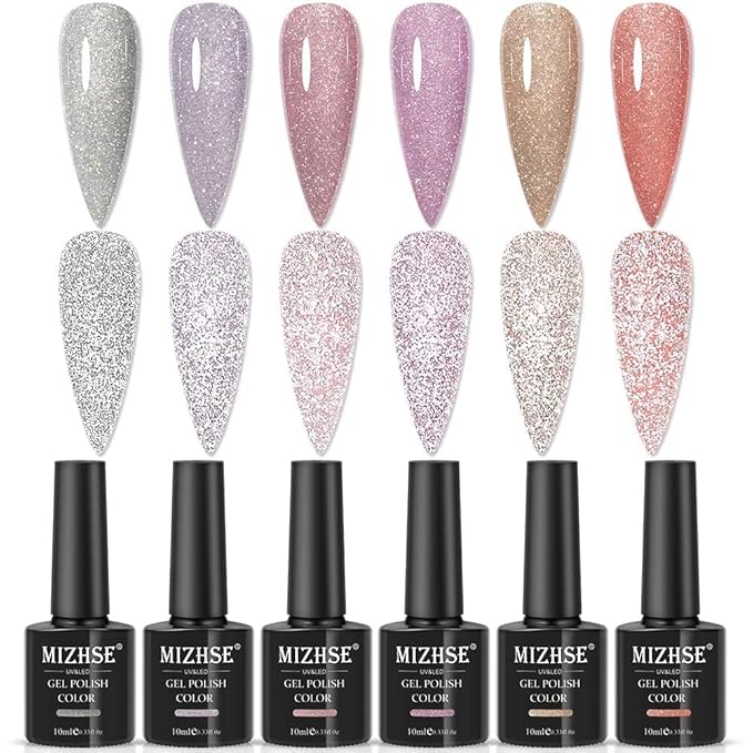MIZHSE Glitter Gel Nail Polish, 2 In 1 Reflective & Rubber Base Gel Polish 10ml, Sparkly Shimmery Effect Nude Pink Silve Purple Colors Soak Off Nail Art Manicure Home Salon Gift for Women