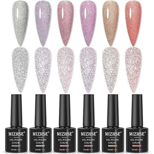 MIZHSE Glitter Gel Nail Polish, 2 In 1 Reflective & Rubber Base Gel Polish 10ml, Sparkly Shimmery Effect Nude Pink Silve Purple Colors Soak Off Nail Art Manicure Home Salon Gift for Women