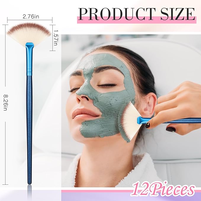12 Pcs Soft Facial Fan Brush Blush Makeup Brush Face Mask Acid Applicator Multi Use Cosmetic Tools for Peel Mask Makeup for Mud Cream(Blue)