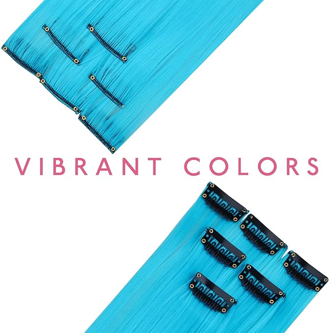 WENNALIFE 12 PCS Sky Blue Hair Extensions Clip in, Colored Clip in Hair Extensions for Kids Highlights Rainbow Hair Clips for Girls Synthetic Straight Pop-up Style Colorful Girls Hair Accessories