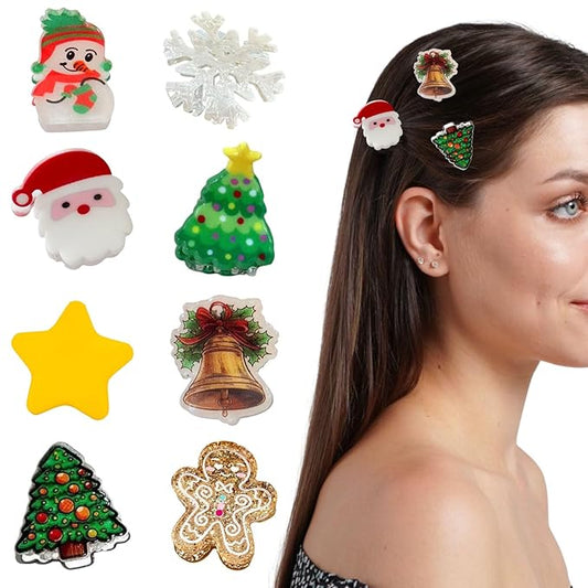 8 Pcs Christmas Hair Clips Snowman Gingerbread Man Snowflake Bell Christmas Tree Design Cute Mini Claw Clips Colorful Hair Clips for Women