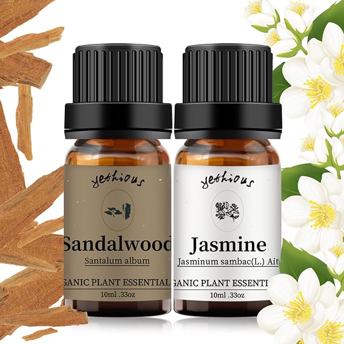 yethious Jasmine Sandalwood Essential Oil 100% Pure Organic Essential Oil Set for Aromatherapy Diffuser, Soap, Candle Making