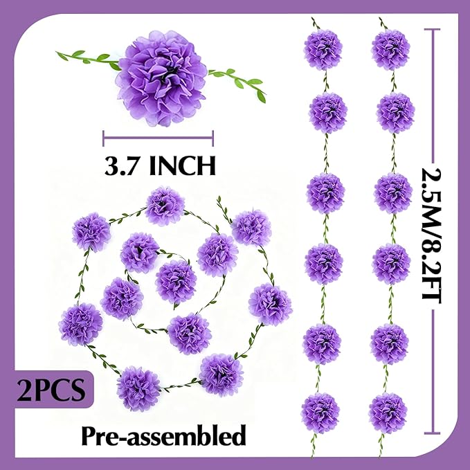 Tissue Paper Pom Pom Garland Hanging Paper Flower Decorations for Wedding Baby Shower Engagement Garden Tea Party Bridal Shower Spring Summer Wall Decor Nursery Arch Backdrop