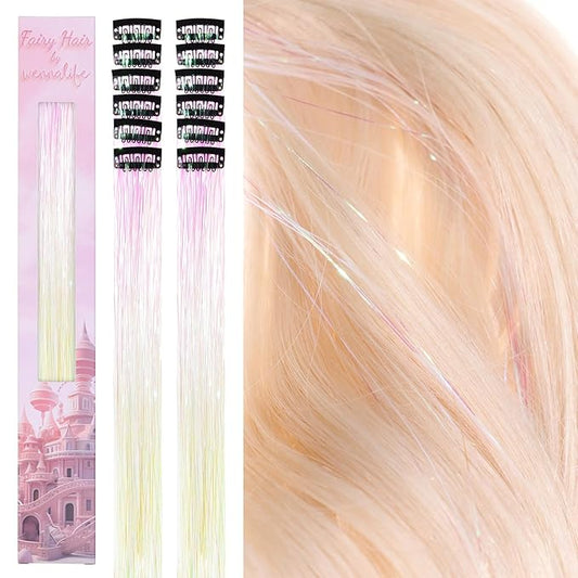 WENNALIFE Hair Tinsel Clip In for Girls Bright White, 12pcs 24 inch Clips Tinsel Hair Extensions Clip in Colorful Glitter Clips Fairy for Kids