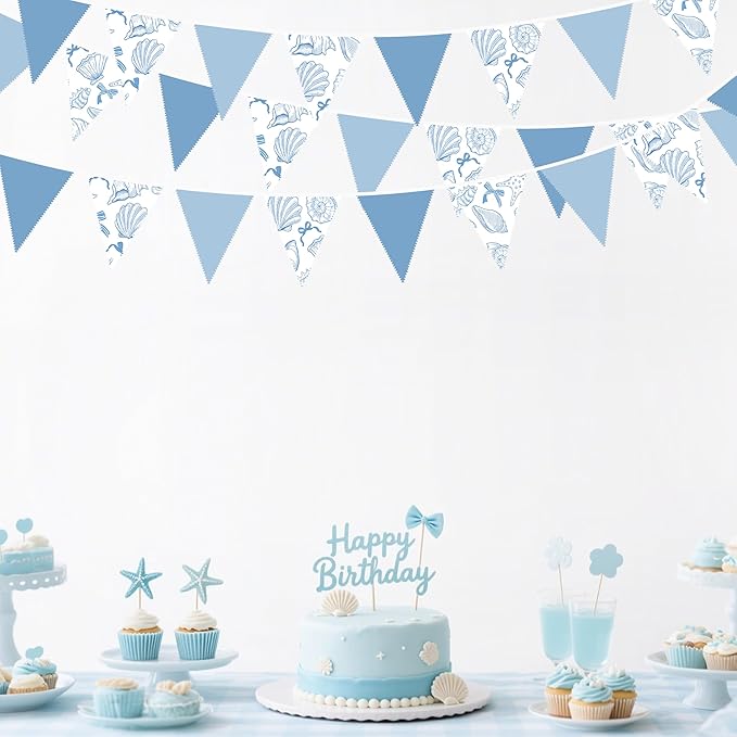 32Ft Ocean Coastal Nautical Beach Party Decorations Blue Bow Starfish Seashell Fabric Pennant Banner Triangle Flag Garland Streamer for Under The Sea Birthday Summer Baby Shower Bachelorette Supplies