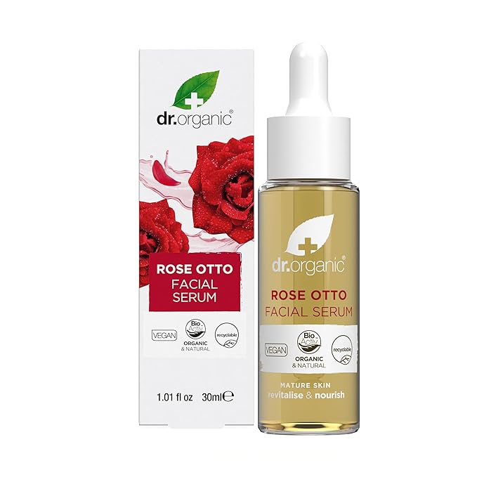 Dr. Organic Rose Otto Facial Serum | Nourishes and Smoothes Skin, Promotes Healthy Aging, Natural, Certified Organic, Paraben & SLS-Free, 30 mL / 1 fl oz