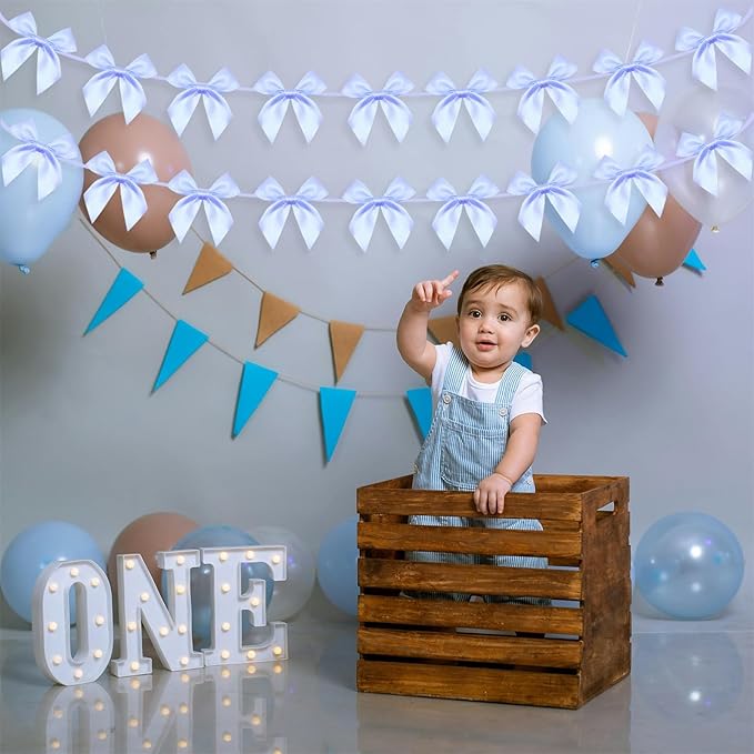 2pcs Bow Garland Banner, Ribbon Bow Party Decorations for Baby Shower Girls Bow Coquette Birthday Party Decor (Blue)