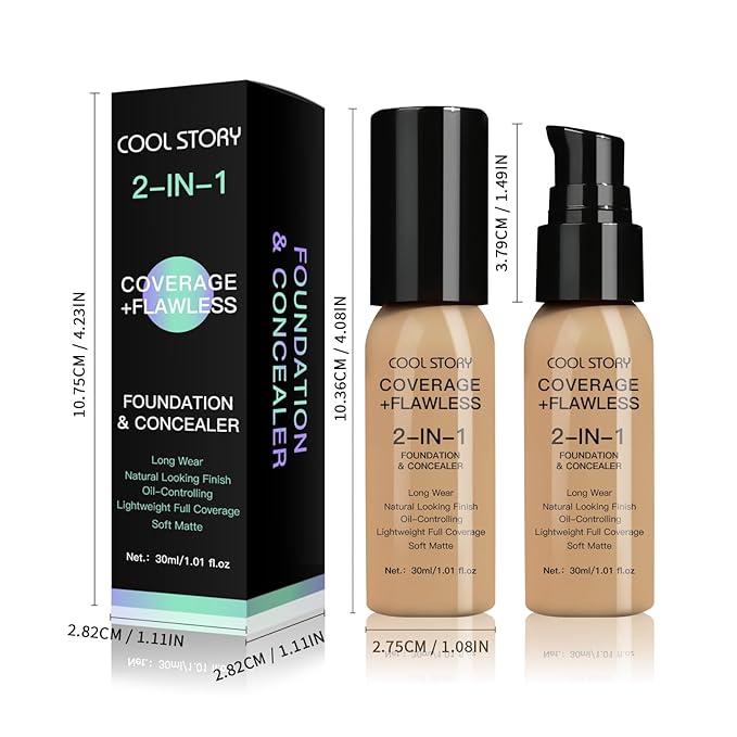 2-in-1 Foundation and Concealer Long Wear Natural Matte Finish Lightweight Coverage (Tan Beige)