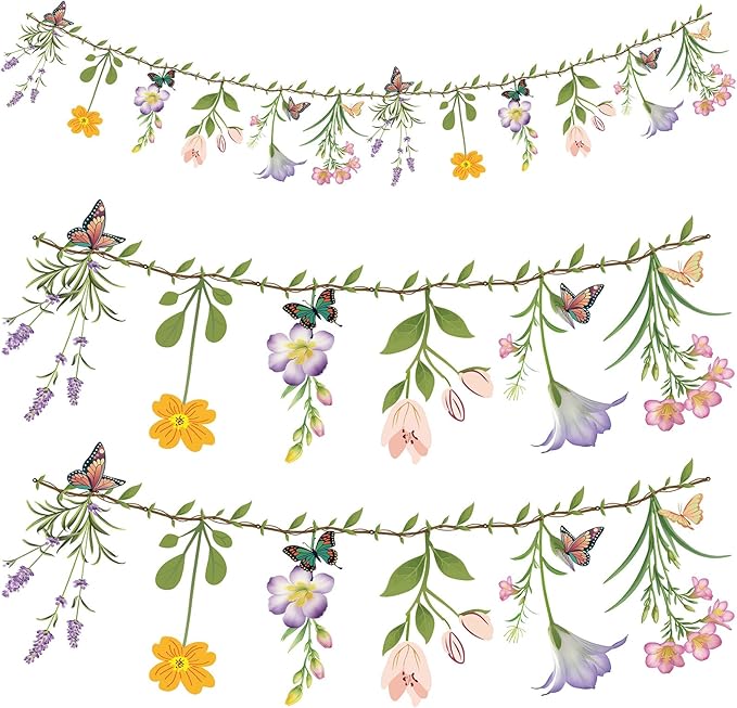 2PCS Flower Banner Reusable Wildflower Garland Floral for Spring Party Enchanted Garden Theme Picnic Wedding Baby Shower Birthday Tea Party Christmas Valentine's Day Supplies Home Decorations