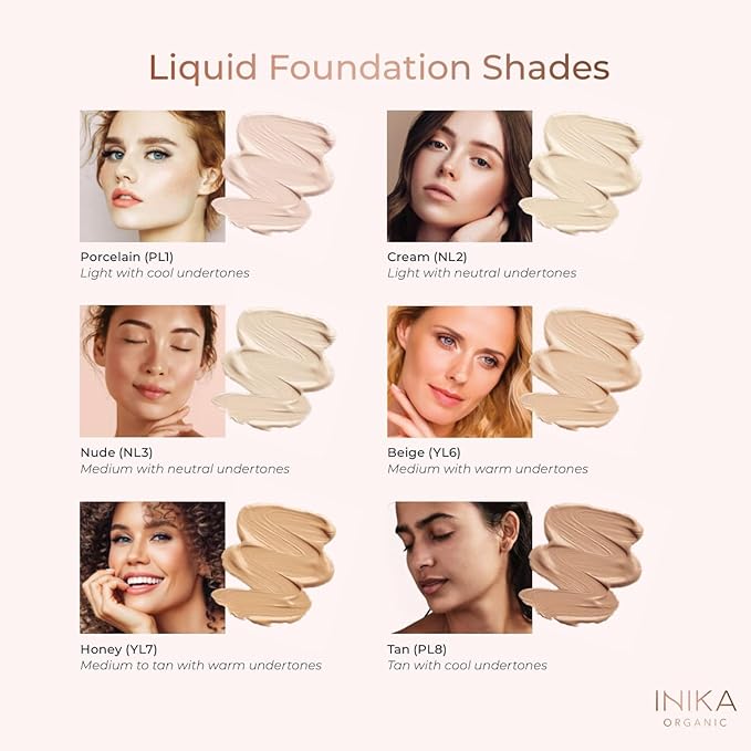 INIKA Organic Full Coverage Liquid Foundation Makeup with Hyaluronic Acid and Argan Oil, Vegan and Organic Foundation for Skin Elasticity and Plumpness, Natural Coverage, Beige, 30ml