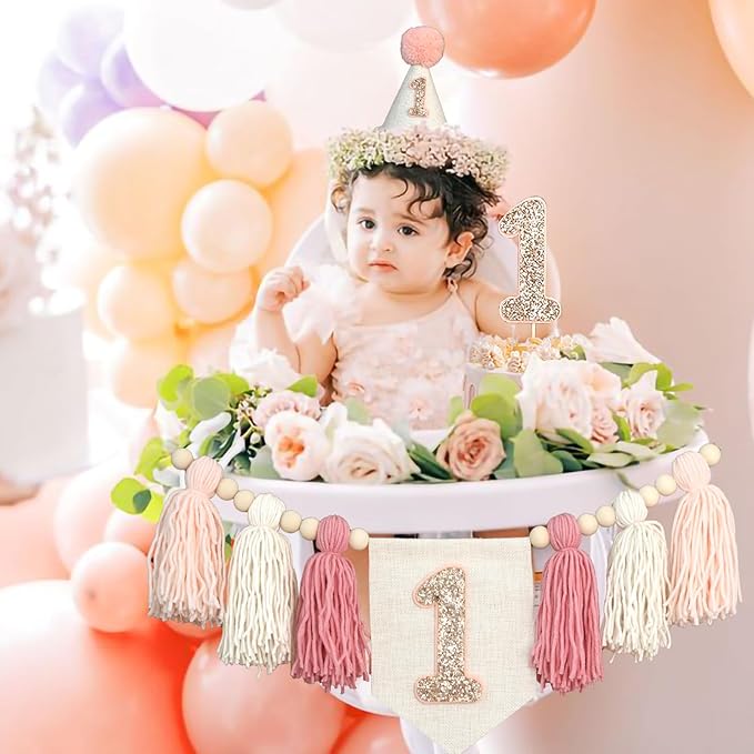 Pink Baby Girl 1st Highchair Banner Wood Bead Tassel Garland Conical Cap Bling Cake Topper Birthday Party Decorations
