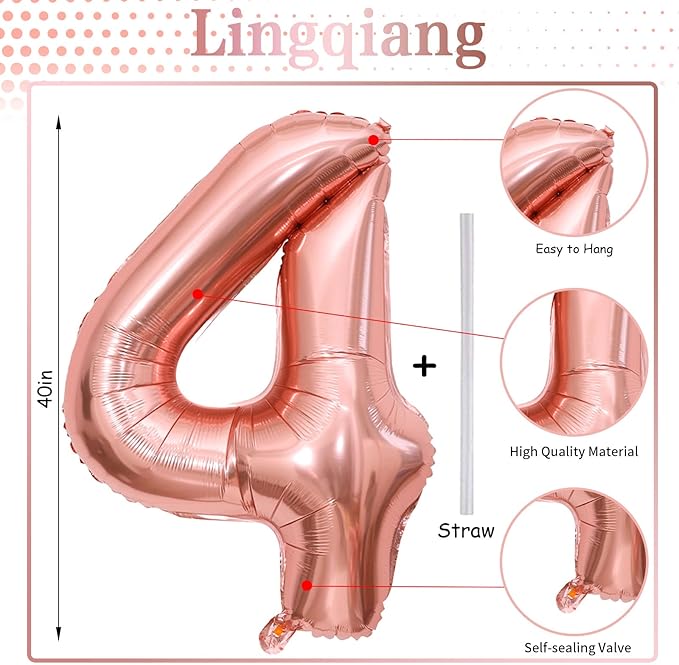 40 Inch Rose Gold Number 4 Balloon for Girls, Large Self Inflating Foil Number Balloons 0-9, Digit 4 Helium Balloons for Women 40th Anniversary 4th Birthday Engagement Party Decoration Supplies