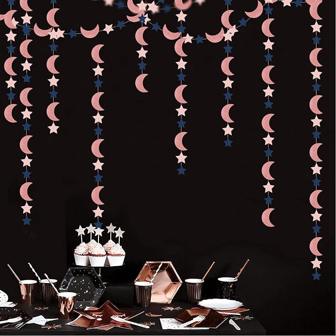Rose-Gold Moon-Star Party Decorations Garland - 52Ft Navy Blue Pink Twinkle Little Star Hanging Decoration Streamers Banner, Eid Ramadan Mubarak Decoration Birthday Wedding Baby Shower Decor Panduola