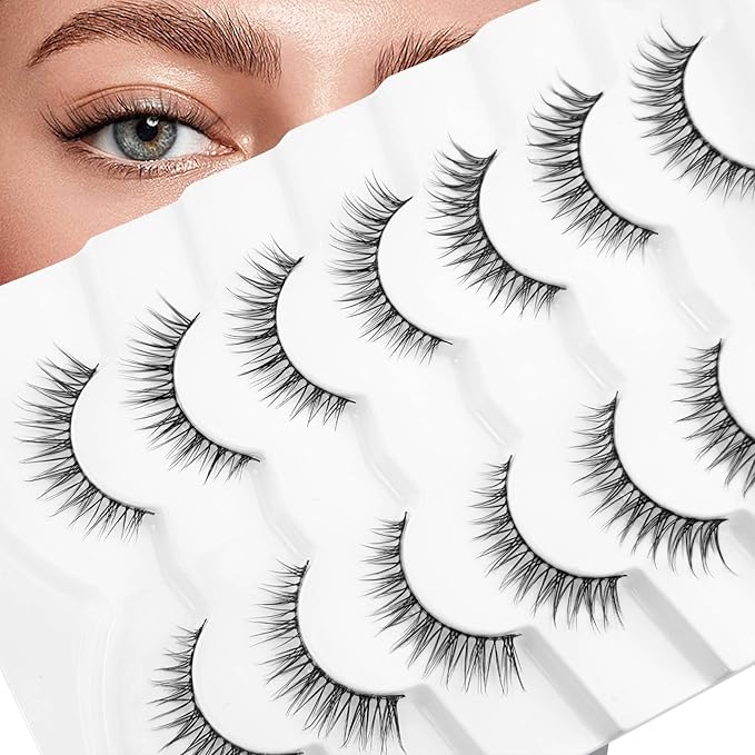 Short Natural Lashes Cat Eye Lashes NINGLASH False Eyelashes Natural Look Wispy Fake Eyelash 10mm Faux Lashes Strips 7 Pairs Lash Pack