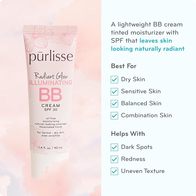 pūrlisse Radiant Glow Illuminating BB Cream with SPF 30 - Glow BB Cream Enriched with Goji & Hawthorn Berry for Dewy Skin - Helps to Improve Skin Texture & Radiance - Deep (1.4 oz)