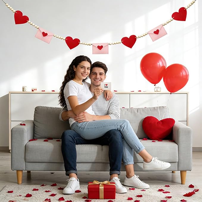 Valentines Day Decorations, Felt Heart and Envelope Garland with Wooden Beads, Valentines Day Garland for Mantle, Heart Decorations, Banner, Fireplace, Wall, Party (Heart and Envelope)