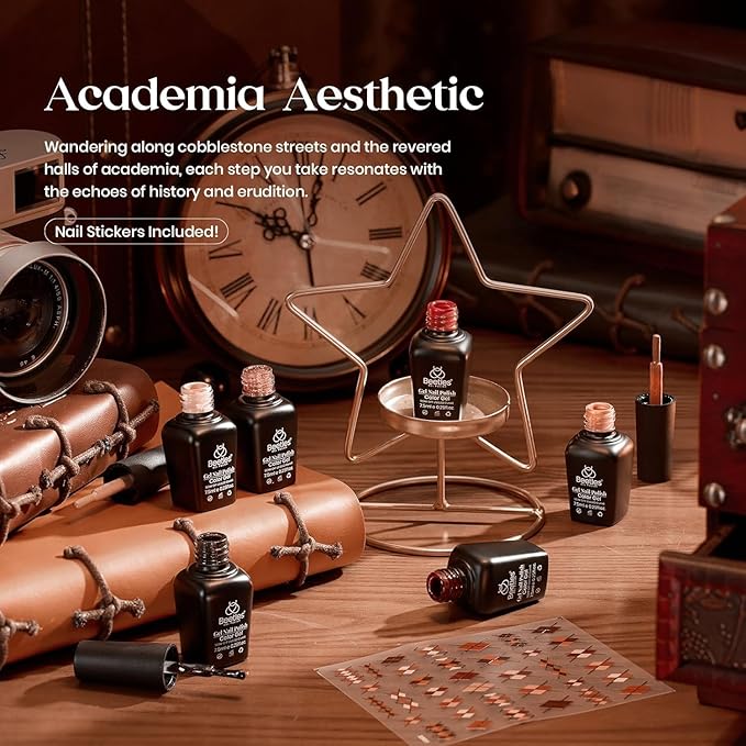 Beetles Fall Gel Polish Set Dark Brown Gel Nail Polish 6 Colors Glitter Burgundy Red Gold Black Sparkle Nail Kit Soak Off Led Manicure DIY Home Salon Gifts for Girls Women Academia Aesthetic