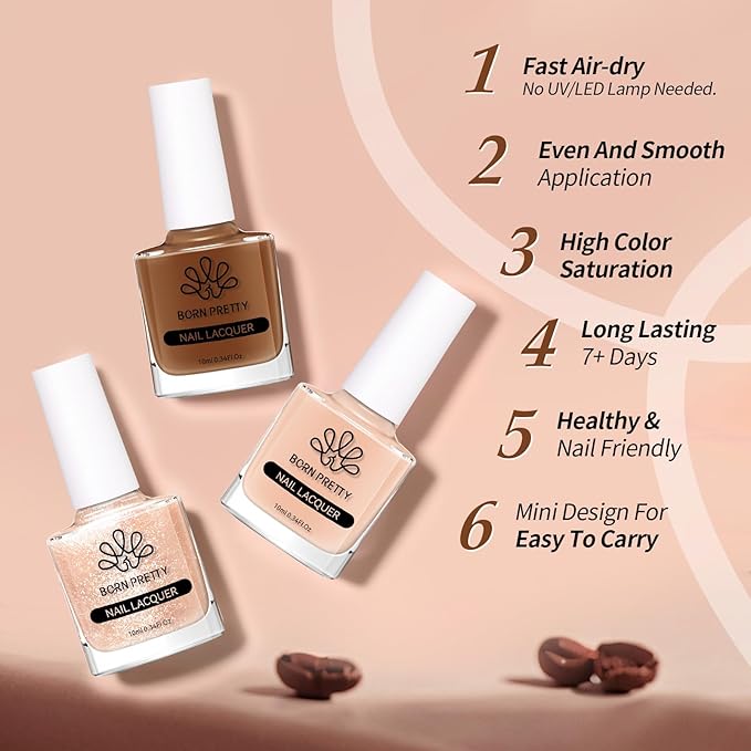 Born Pretty Brown Nail Polish Quick Dry, 6 Colors Fall Nude Brown Caramel Coffee Chestnuts Chocolate Glitter Nail Polish Neutral Beige Khaki Fingernail Polish All Seasons Nail Art DIY Home Salon Gift