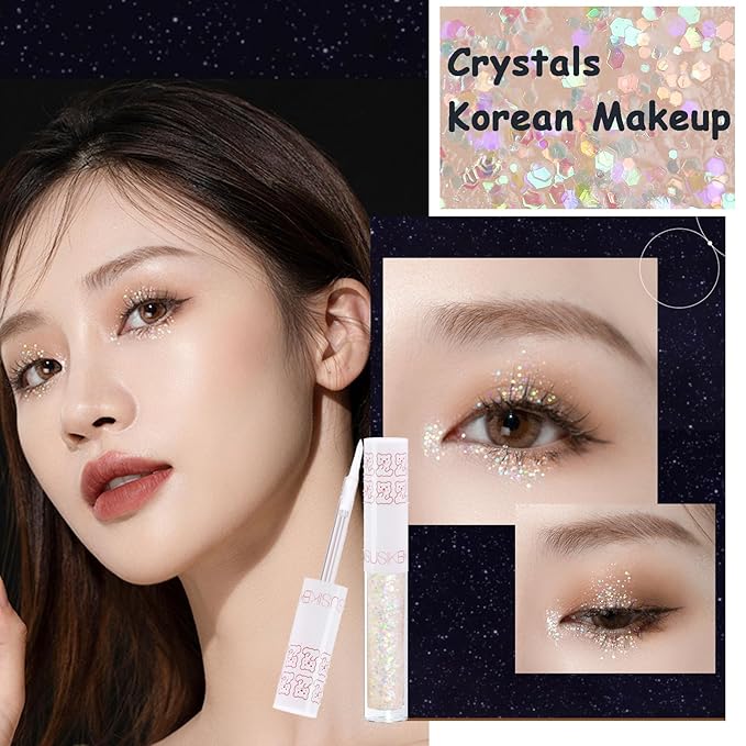 6Pcs Liquid Glitter Eyeshadow Eyeliner, Korean Makeup, Bling Under Eye Shadow, Shimmer Eye Make Up Valentine's Gift Set,Long Lasting,Quick Drying & Pigmented Loose Glitter Glue for Crystals Makeup