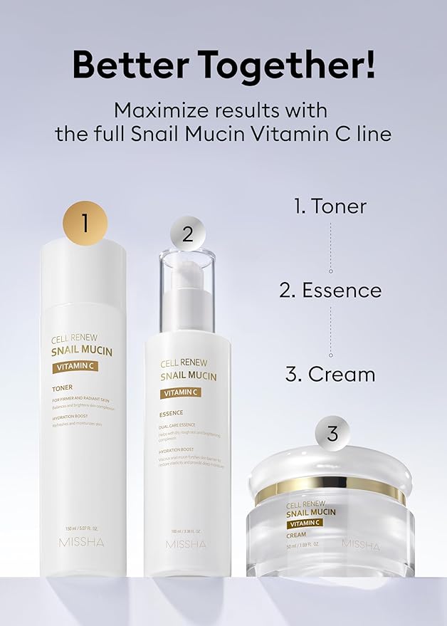 MISSHA Cell Renew Snail Mucin Vitamin C Toner 5.07 Fl oz - Korean Skincare Facial Toner for Glass Skin, 90% Snail Mucin Vita Complex, Deep Hydration, Improves Skin Texture, Paraben Free