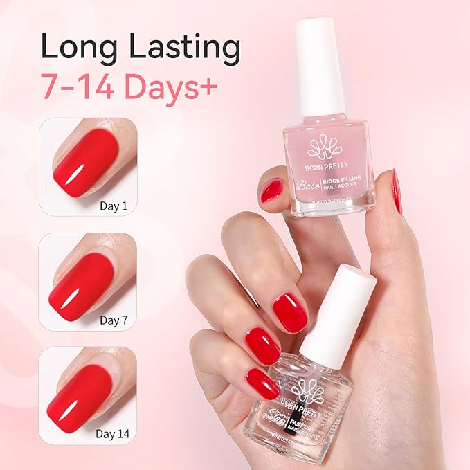 Born Pretty Clear Nail Polish Base and Top Coat Set 2 PCS High Shine Glossy Finish Quick-Dry No U V Needed Low Odor Natural Compatible with Nail Lacquer DIY Salon 0.34 fl oz Each