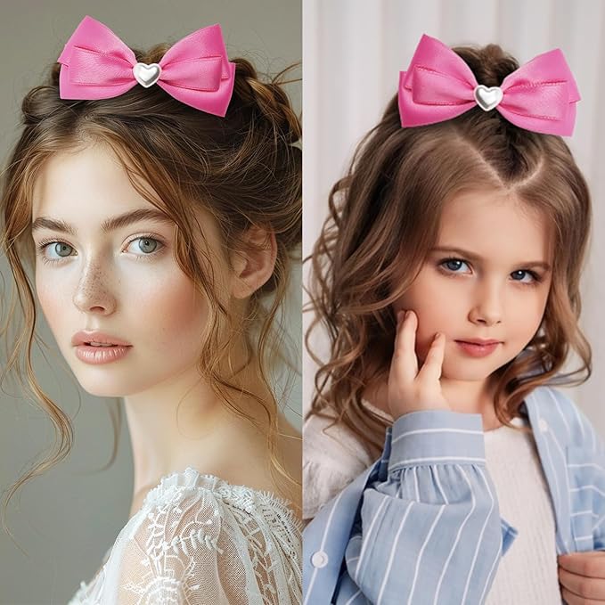 2pcs Pink hair bows for girls, cute bow hair clips for women, hot pink hair bow with alligator hair clip, christmas and valentines hair bows, hair accessories for girls