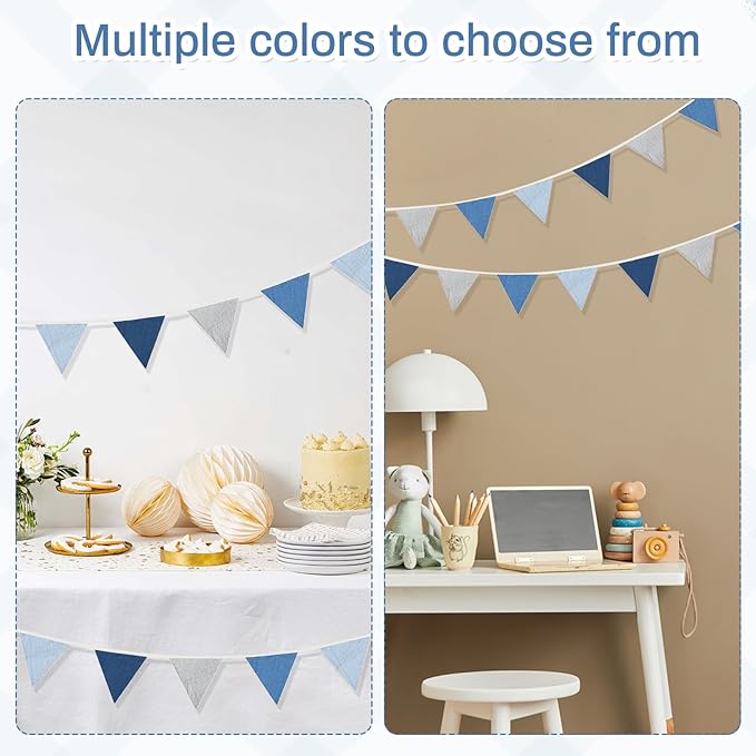 2PCS Pennant Banner Flags, Fabric Bunting Banner Nursery Garland Decor, Baby Shower Garland, Triangle Flags for Baby Boy Room, Playroom, Boho Birthday Party Decor, Each 7.75 ft (Blue Gray)