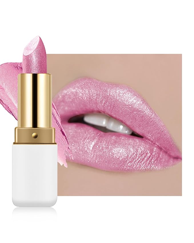 Diamond Glitter Lipstick, Pink Shimmer Matte Metallic Lipstick, High Pigmented Waterproof Long Lasting Lip Gloss, Shiny Non-Sticky Creamy Lip Tint Stain, Christmas Lip Makeup Gift for Women Girl-08