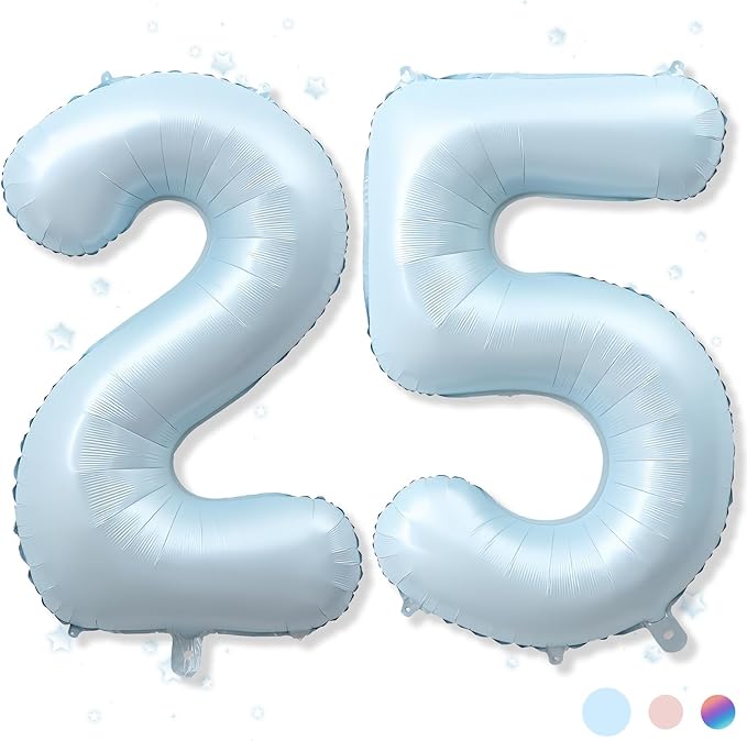 40 Inch 25 Balloon Number, Large Dusty Pastel Baby Blue Foil Number 25 Balloons Birthday Party Decor, Light Blue Helium Mylar Self Inflating Balloon for Boys Men 25th Birthday Anniversary Decorations