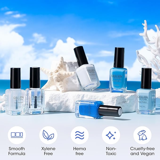 Gellen Blue Nail Polish & Clear Base Top Coat Nail Polish, Quick Air Dry Natural Regular Nails Polish Bright Baby Cobalt Ocean Blue 6pcs Set for Acrylic Natural Nails Home Salon, Non UV Gel, Hema Free
