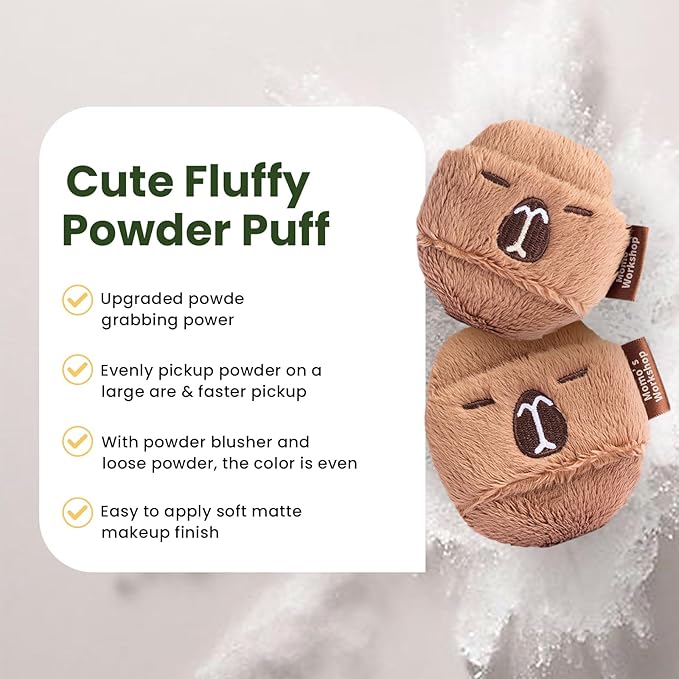 Momo's Workshop Face Fluffy Powder Puff for Makeup,Large Soft Velour Makeup Puff for Loose Or Pressed Powders,2pcs Cute Brown Powder Puffs & Storage Case