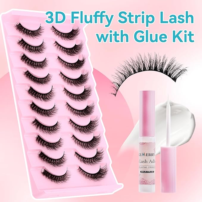 Strip Lashes Kit Wispy False Eyelashes With Strip Lash Glue Soft 10 Pairs Fake Eyelashes Magnetic Lashes Kit by GEMERRY, A03