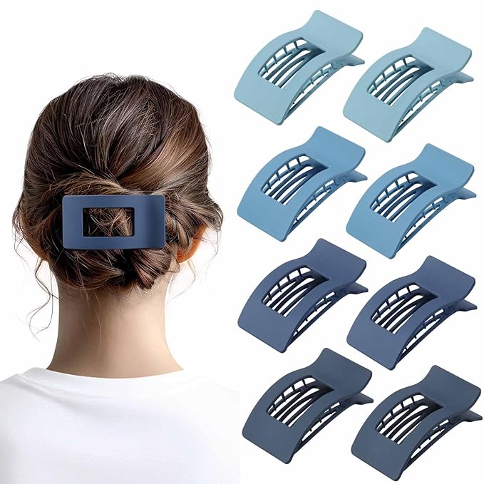 8 Pack French Flat Hair Clips for Women – Large Matte No-Slip Claw Barrettes for Thick & Thin Hair, Strong Hold Styling Accessories (Blue)