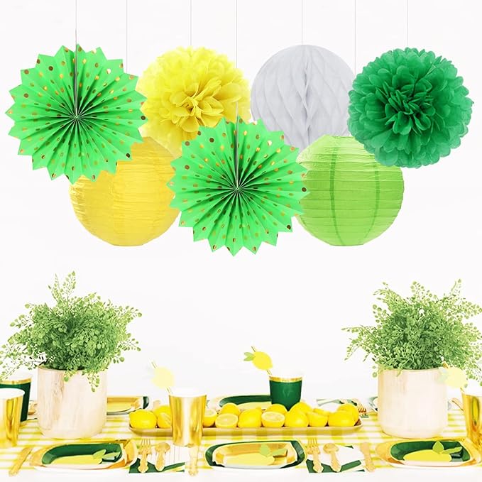 Yellow-White Green Party-Decorations Streamers-Lanterns - 14pcs Spring Summer Garden Tea Paper Fan,Birthday Baby Bridal Shower Wedding Tissue Pom Poms,Classroom Honeycomb Balls Decor Lasting Surprise