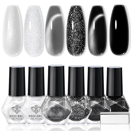 modelones Nail Polish Set, 6 Colors White Black Nail Polish with Magnet Glitter Cat Eye Magnetic Non Toxic Quick Dry Fingernail Polish Salon Home DIY Gifts For Women Girl